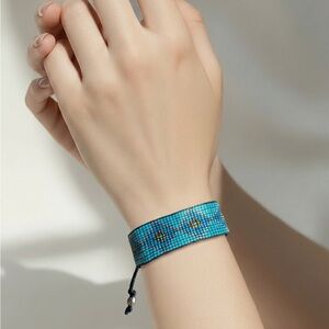 Turquoise Beaded Miyuki Bracelet with Geometric Pattern